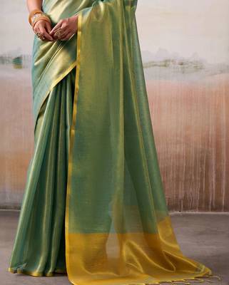 Green solid zari saree with blouse piece 5