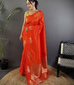 Orange woven design zari banarasi saree with blouse piece