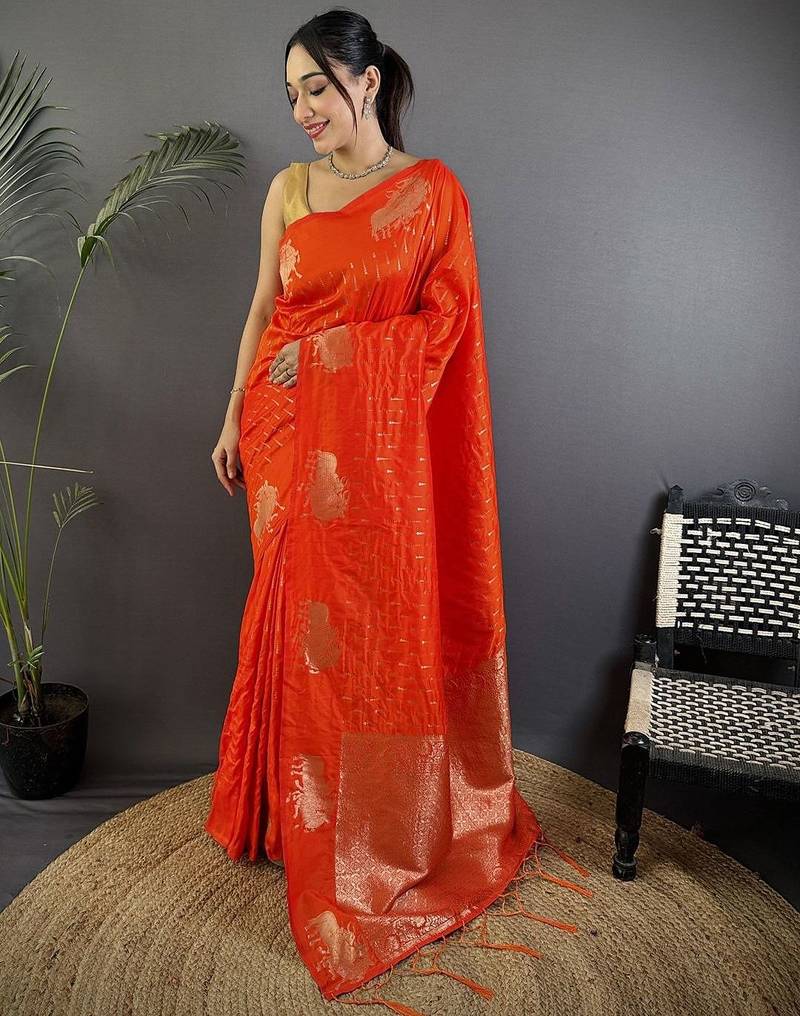 Orange woven design zari banarasi saree with blouse piece