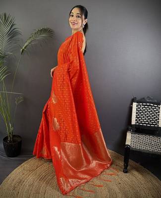 Orange woven design zari banarasi saree with blouse piece 2