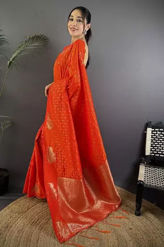 Orange woven design zari banarasi saree with blouse piece