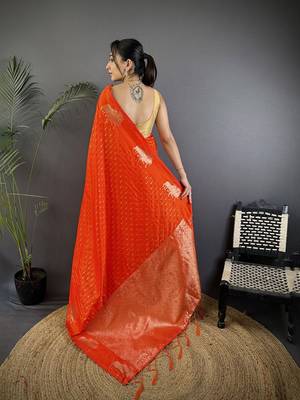 Orange woven design zari banarasi saree with blouse piece 3