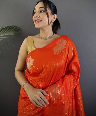 Orange woven design zari banarasi saree with blouse piece 4