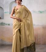 Gold woven design tissue zari weaving saree with contrast blouse piece