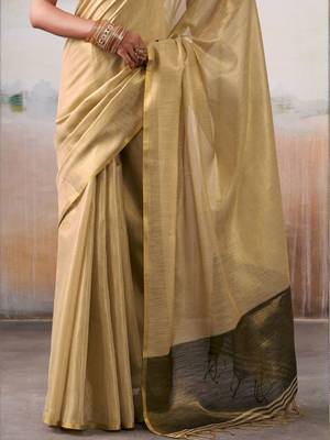Gold woven design tissue zari weaving saree with contrast blouse piece 5