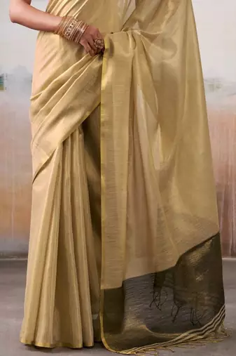 Gold woven design tissue zari weaving saree with contrast blouse piece