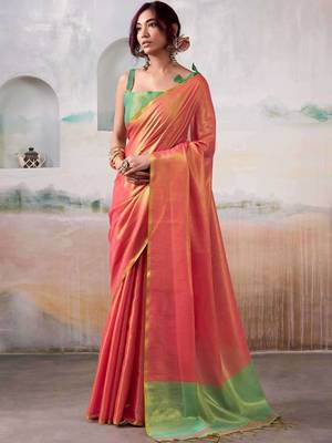 Peach woven design zari tissue saree with contrast blouse piece 1