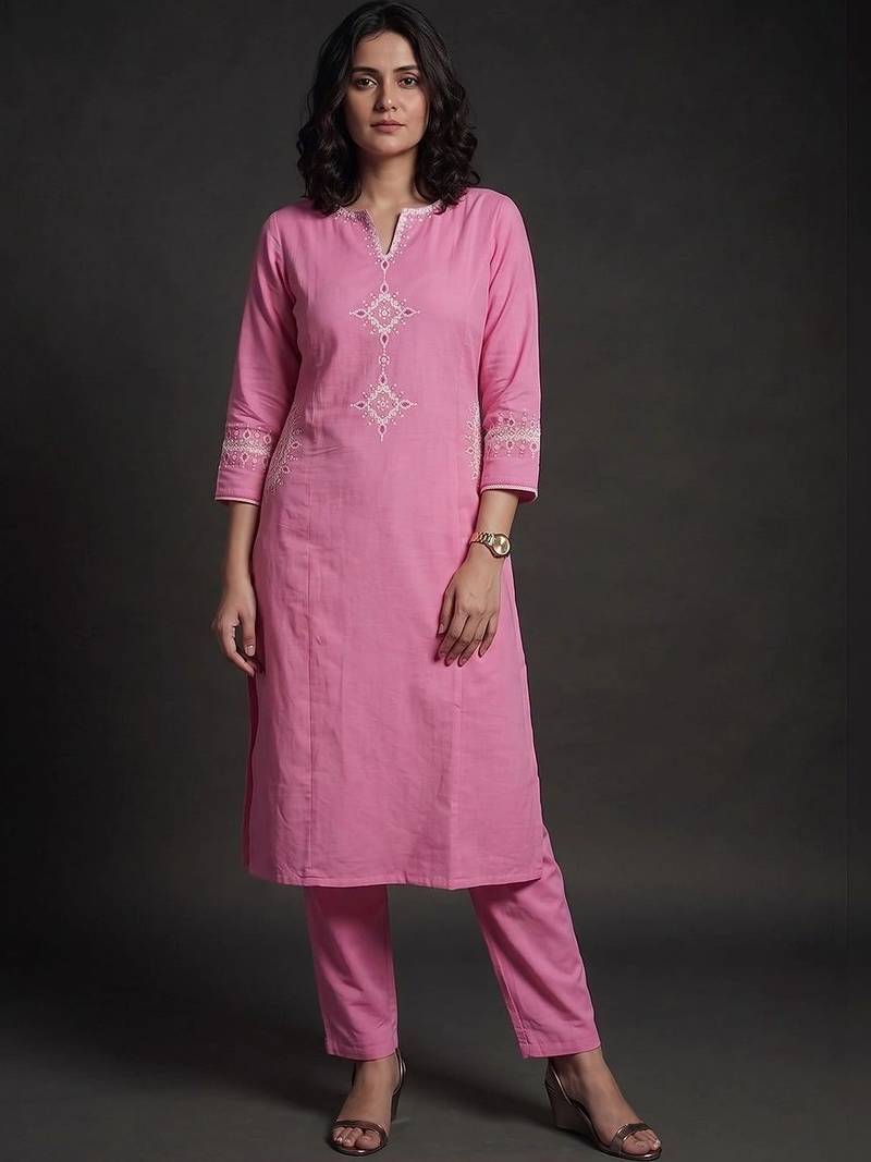 women ethnic motifs embroidered regular thread work kurta with trousers