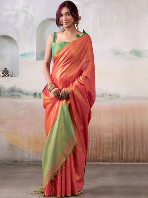 Peach woven design zari tissue saree with contrast blouse piece 2