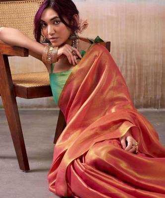 Peach woven design zari tissue saree with contrast blouse piece 3