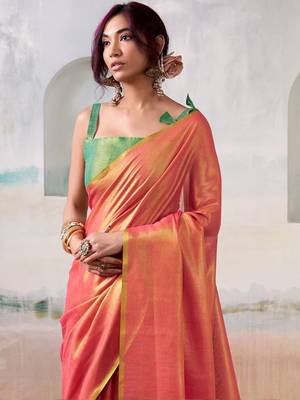 Peach woven design zari tissue saree with contrast blouse piece 4