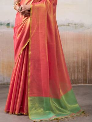 Peach woven design zari tissue saree with contrast blouse piece 5
