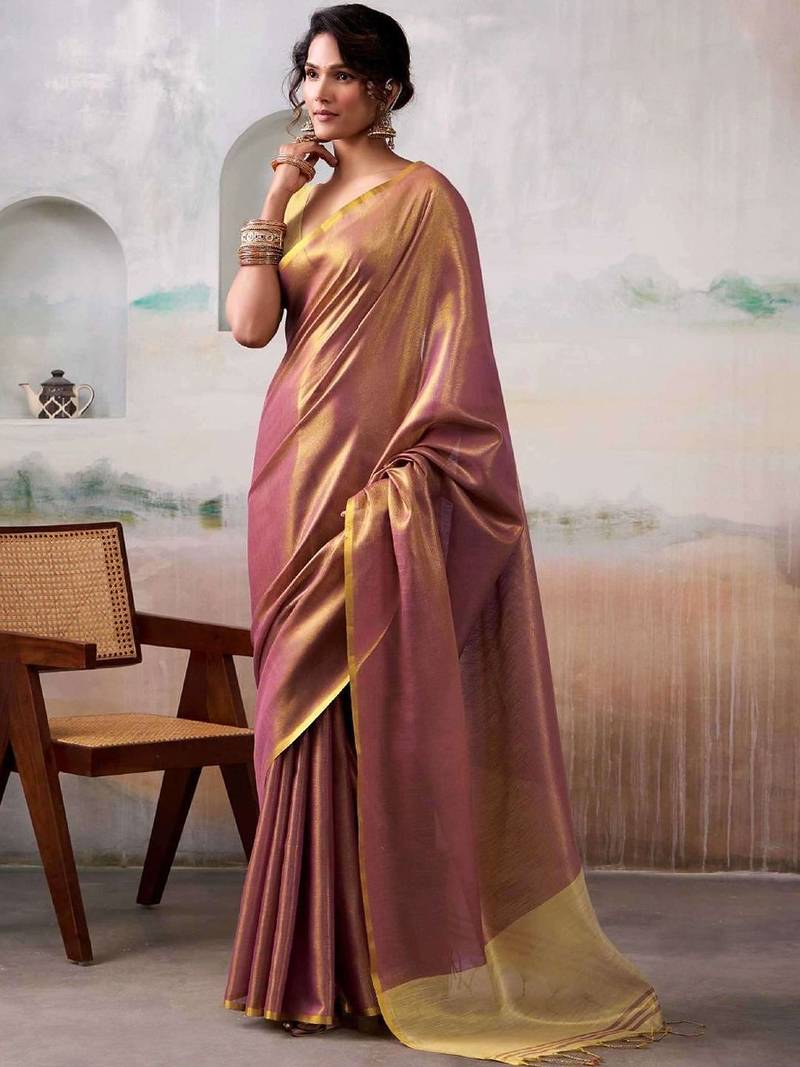 Pink woven design zari tissue saree