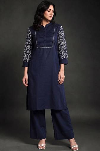 women ethnic motifs embroidered regular thread work kurta with palazzos