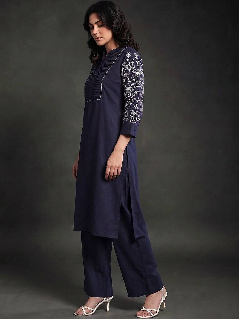 women ethnic motifs embroidered regular thread work kurta with palazzos