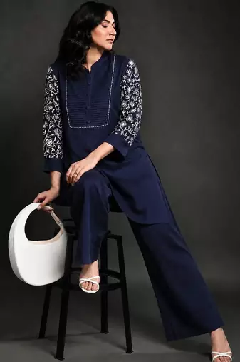 women ethnic motifs embroidered regular thread work kurta with palazzos