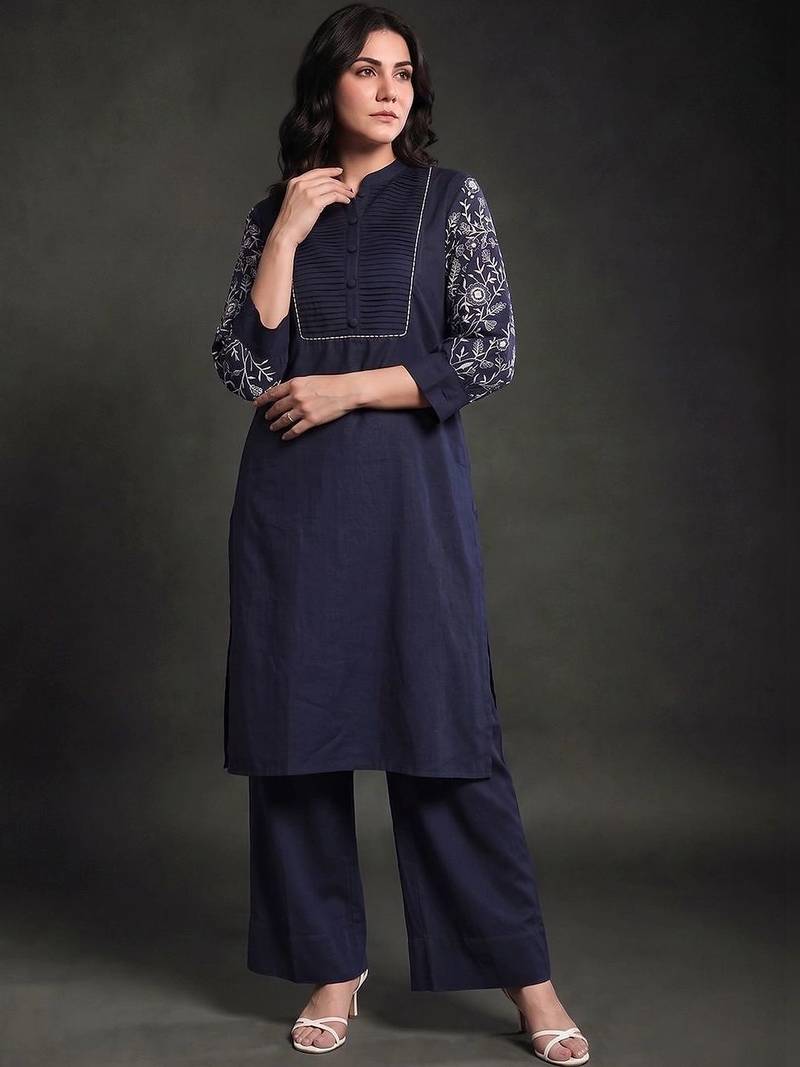 women ethnic motifs embroidered regular thread work kurta with palazzos