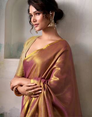 Pink woven design zari tissue saree 4