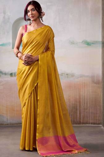 Yellow zari tissue woven design saree with contrast blouse piece