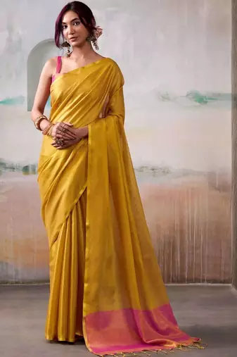 Yellow zari tissue woven design saree with contrast blouse piece