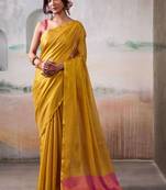 Yellow zari tissue woven design saree with contrast blouse piece