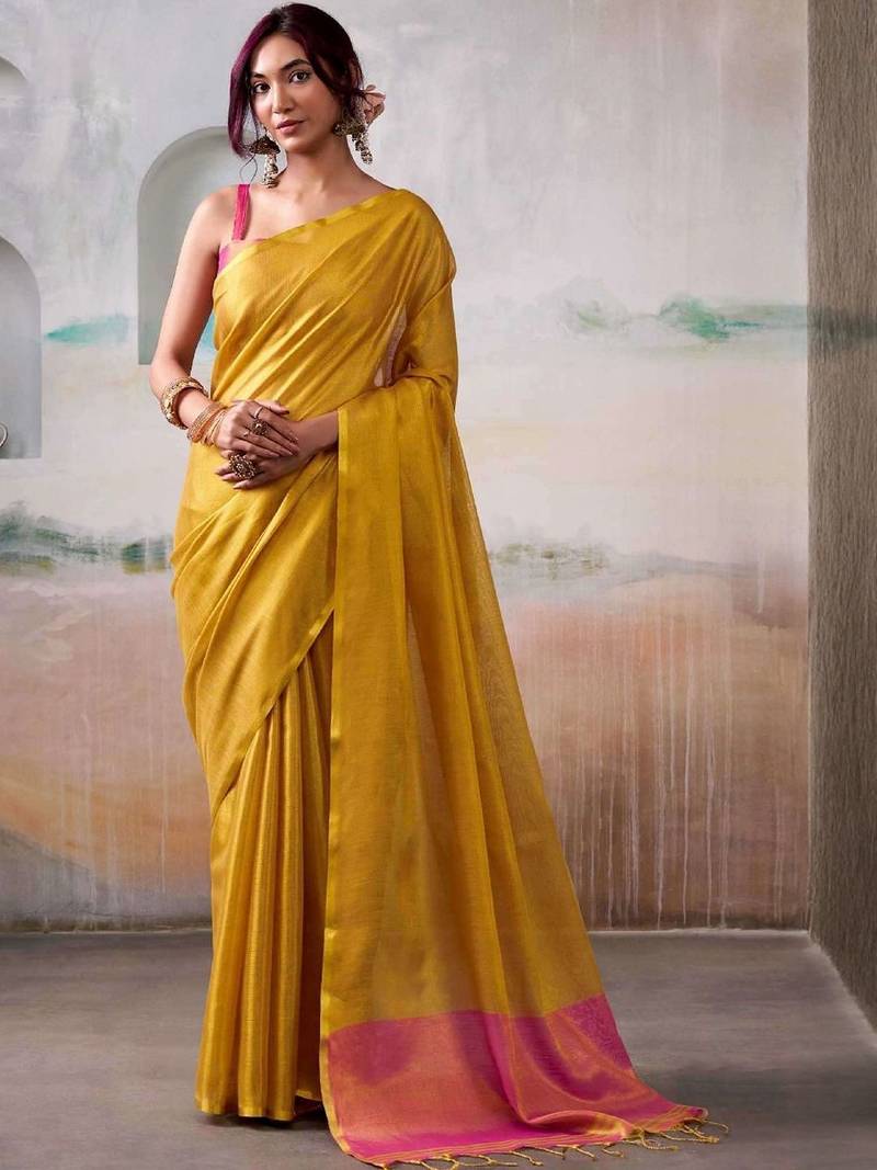 Yellow zari tissue woven design saree with contrast blouse piece