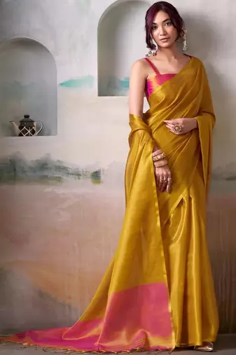 Yellow zari tissue woven design saree with contrast blouse piece