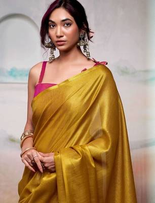 Yellow zari tissue woven design saree with contrast blouse piece 3