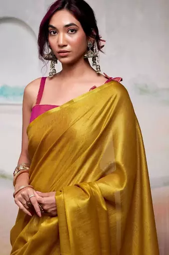 Yellow zari tissue woven design saree with contrast blouse piece