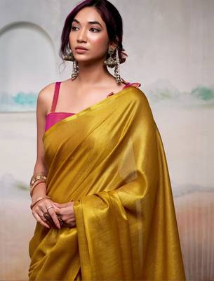 Yellow zari tissue woven design saree with contrast blouse piece 4