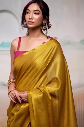 Yellow zari tissue woven design saree with contrast blouse piece