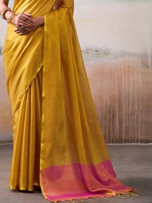 Yellow zari tissue woven design saree with contrast blouse piece 5