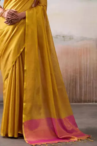 Yellow zari tissue woven design saree with contrast blouse piece