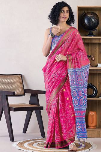 Pink ethnic motifs ready to wear bagru saree