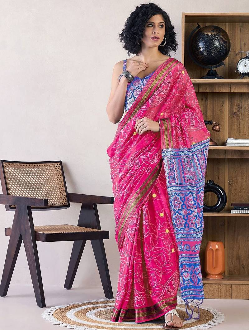 Pink ethnic motifs ready to wear bagru saree