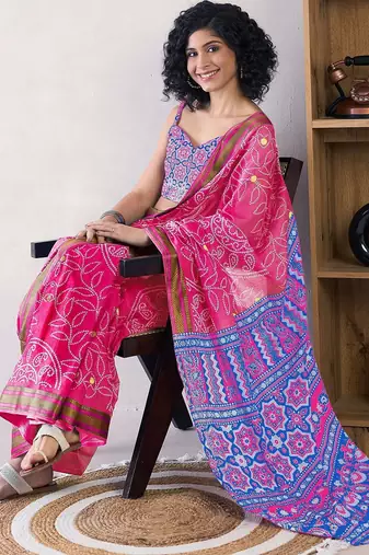 Pink ethnic motifs ready to wear bagru saree