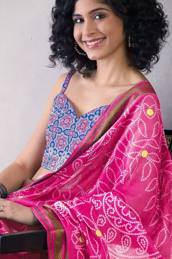 Pink ethnic motifs ready to wear bagru saree
