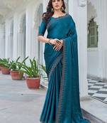 teal embellished beads and stones satin saree