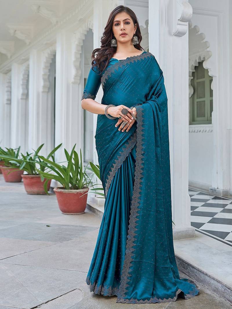 teal embellished beads and stones satin saree