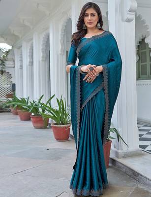 teal embellished beads and stones satin saree 2