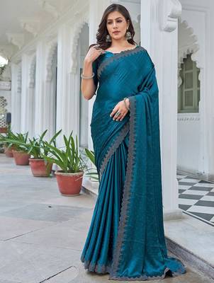 teal embellished beads and stones satin saree 3