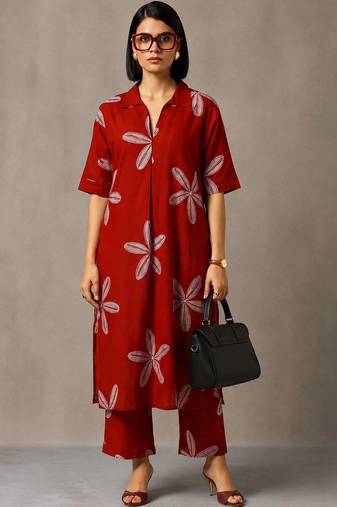 women floral printed regular cotton kurta with trousers
