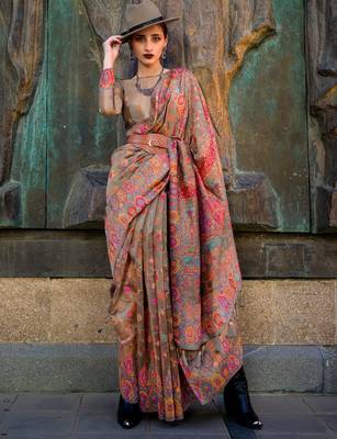 brown brown ethnic motifs woven design organza banarasi saree 1