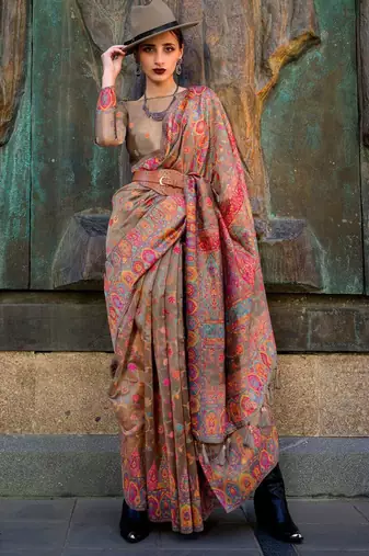 brown brown ethnic motifs woven design organza banarasi saree