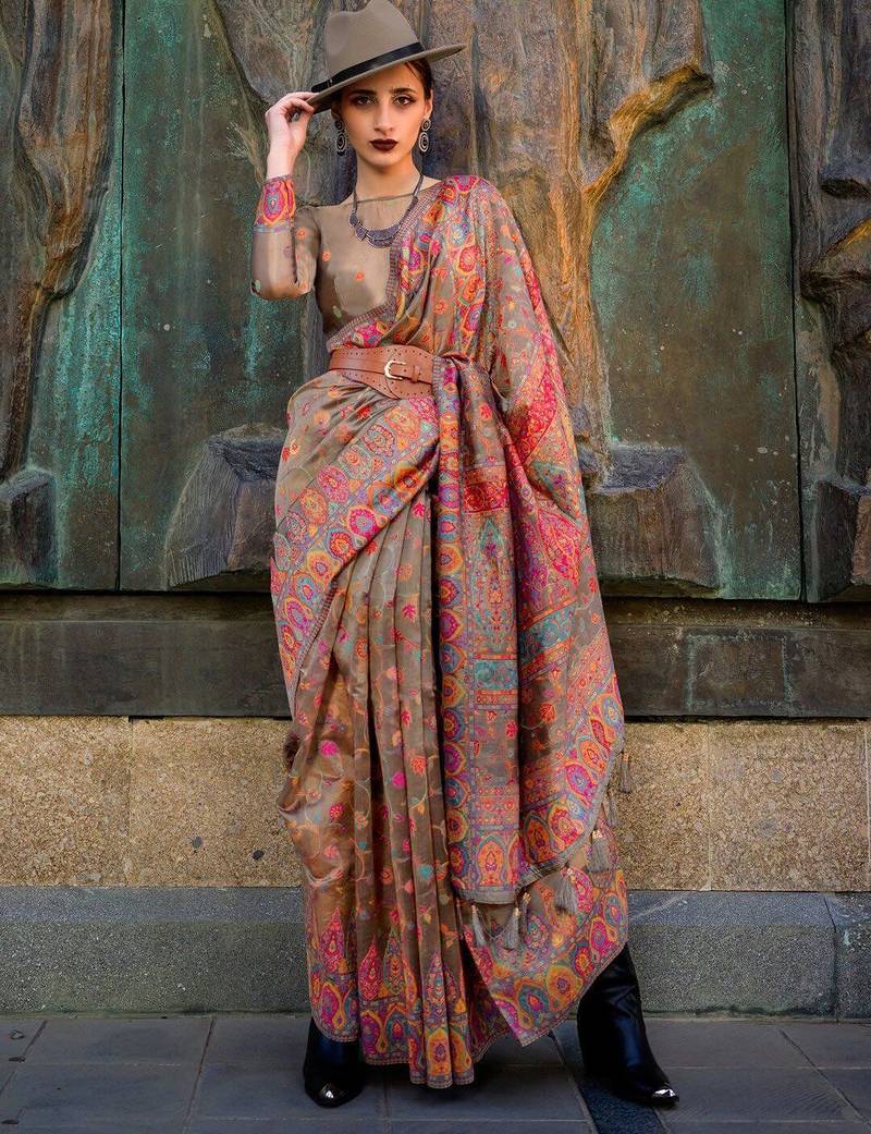 brown brown ethnic motifs woven design organza banarasi saree