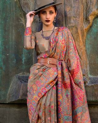 brown brown ethnic motifs woven design organza banarasi saree 2