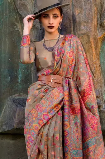 brown brown ethnic motifs woven design organza banarasi saree
