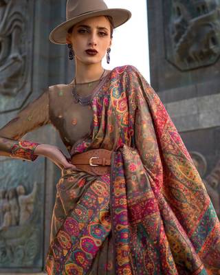 brown brown ethnic motifs woven design organza banarasi saree 3