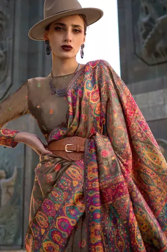 brown brown ethnic motifs woven design organza banarasi saree