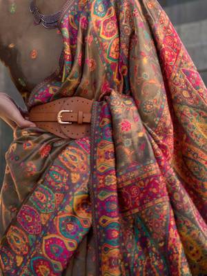 brown brown ethnic motifs woven design organza banarasi saree 4
